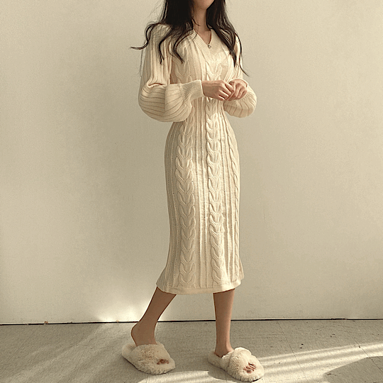 [후회없는핏!!/퀄굿] 벌룬 허리끈 꽈배기 니트 롱원피스 3color