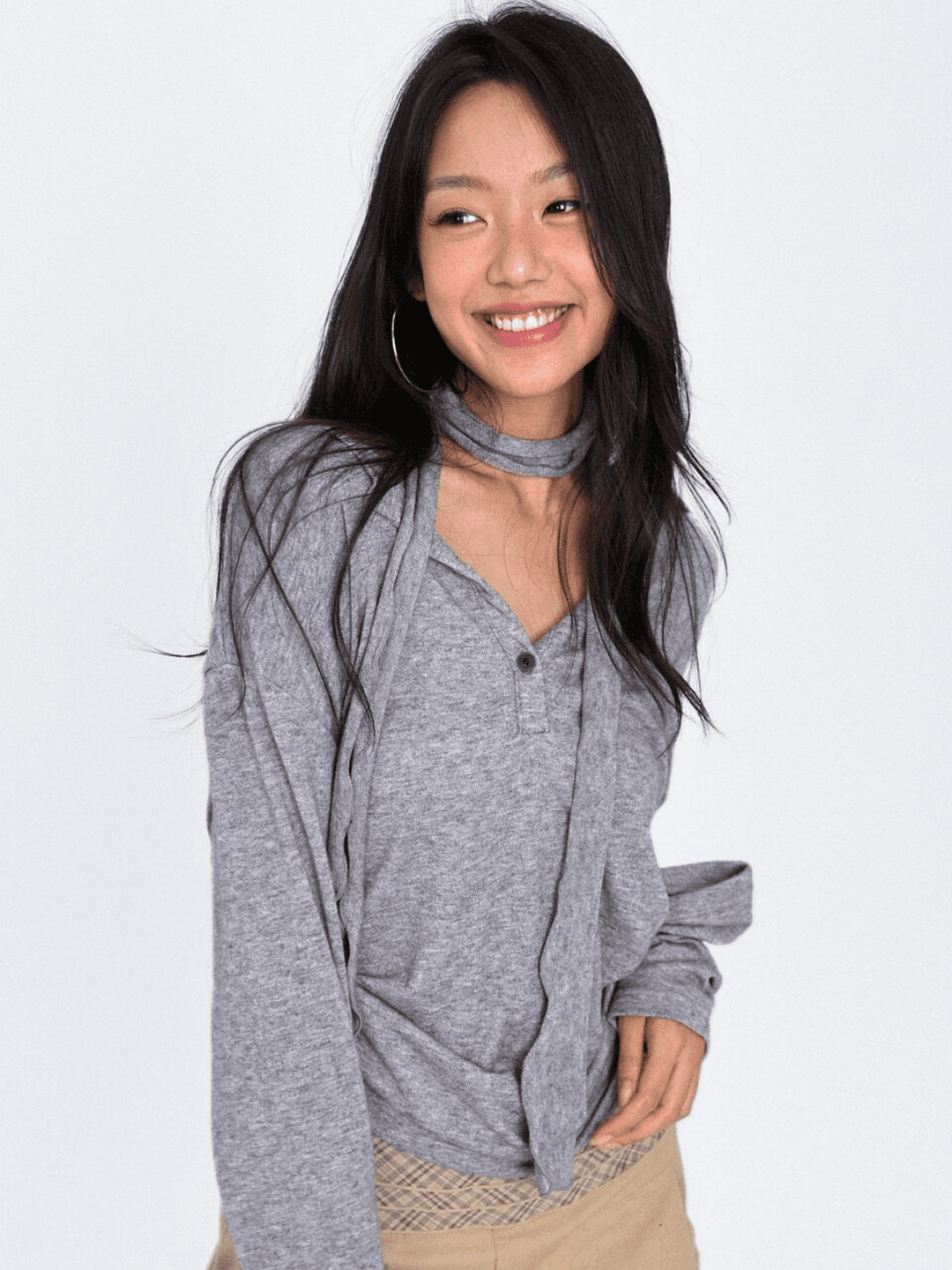 (바로출고)Serene Wave Knit Henley Long Sleeve_Gray(스카프 포함)