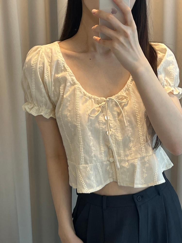 riette 리에뜨 플립 블라우스 썸머 코튼 반팔 유넥 리본 셔링 크롭