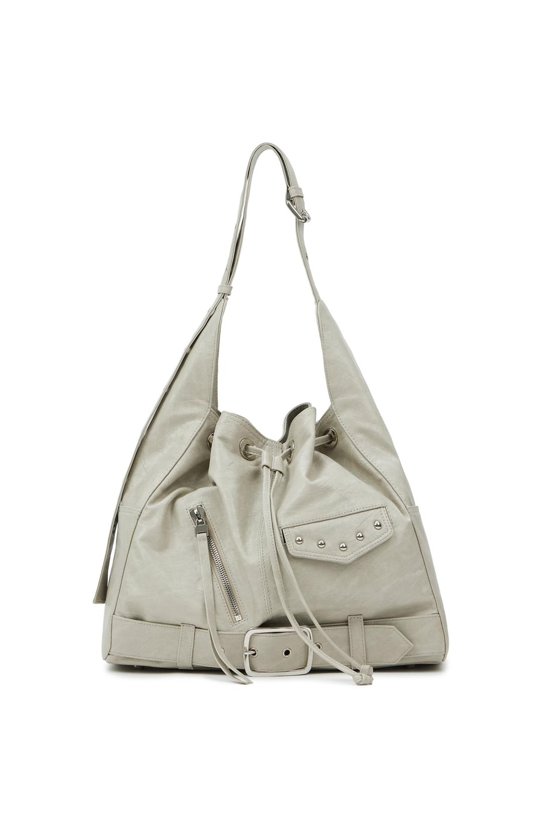 DEINET STUD BELTED BUCKET BAG IN ASH BEIGE