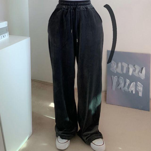 [밍크기모!/골반넓핏-]도톰 윤기차르르 고퀄리티 벨로아 세로골지 하이웨스트 밴딩 일자 와이드팬츠 츄리닝 트레이닝바지 겨울바지 기모바지 벨벳와이드 (3col)_리틀페어리