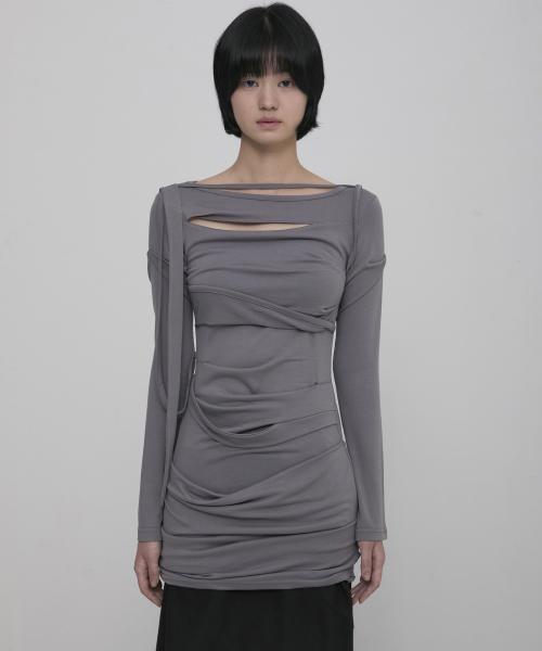 Asymmetrical Draped Long Dress (FL-196_Gray)