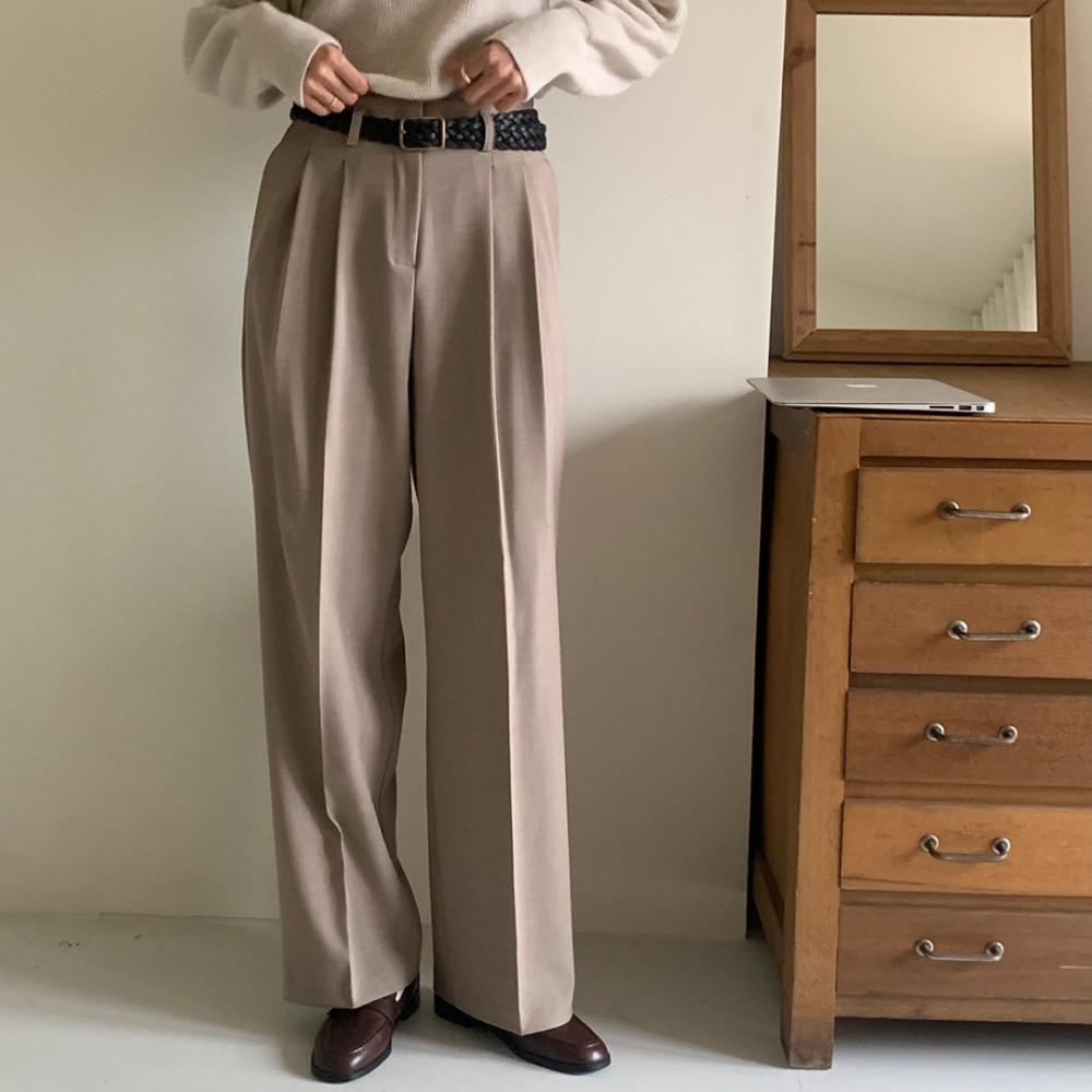 와이드 노 오비 어텀 핀턱 슬랙스 팬츠 (다크베이지,핑크,블랙)