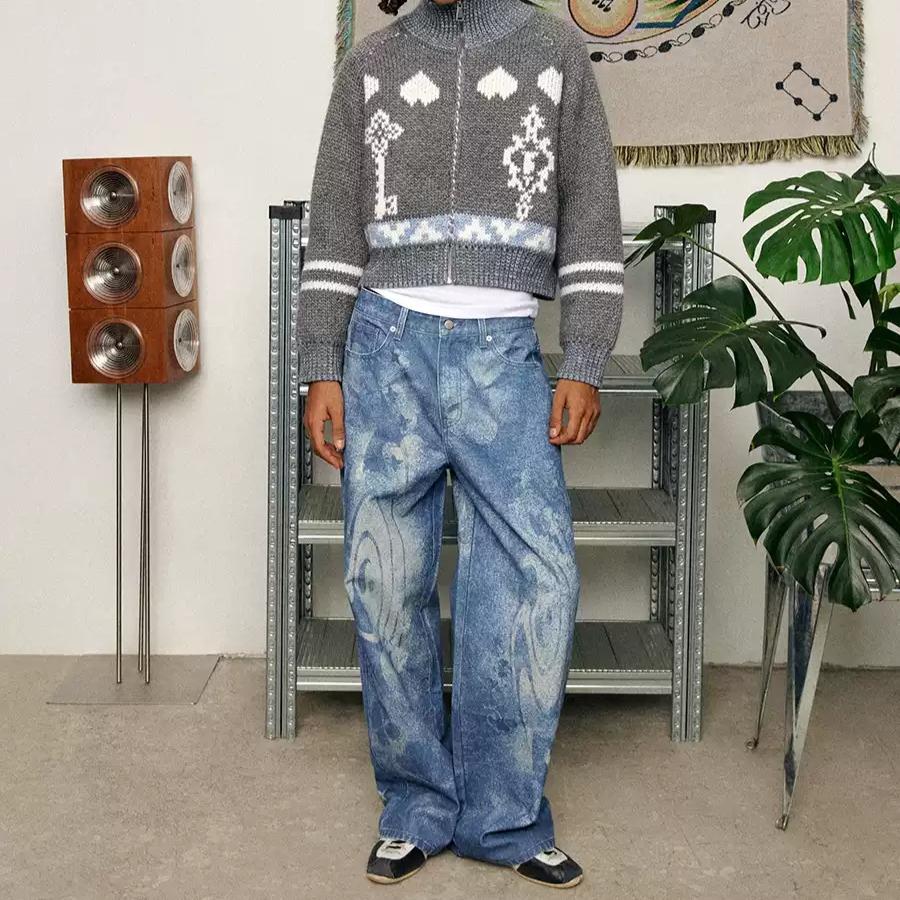 CONP 청바지 럭키 클로버 워싱 와이드 데님 팬츠