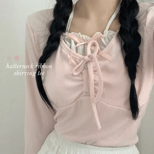 *당일출고* 홀터넥 리본 셔링 큐빅 긴팔 티셔츠