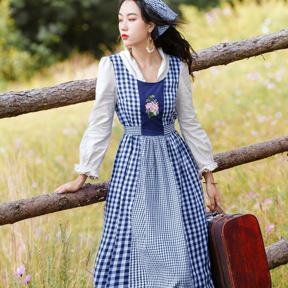 졸업사진컨셉 체크 목장 하이디 블루 원피스