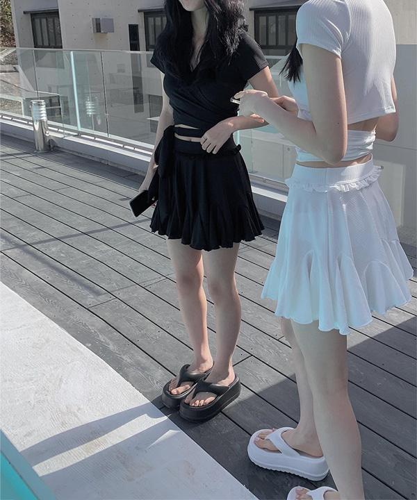 [swimwear] 미세 쓰리피스 리본 프릴 스커트 수영복 (2color)