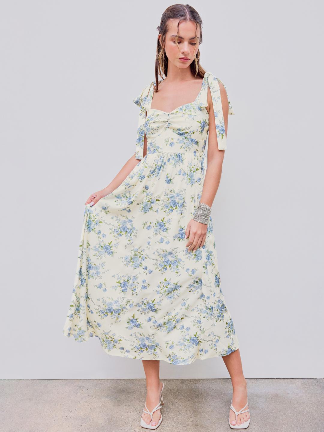 산토리니 비치 바캉스 브이넥 보크노트 플로럴 러플 헴 미디 원피스