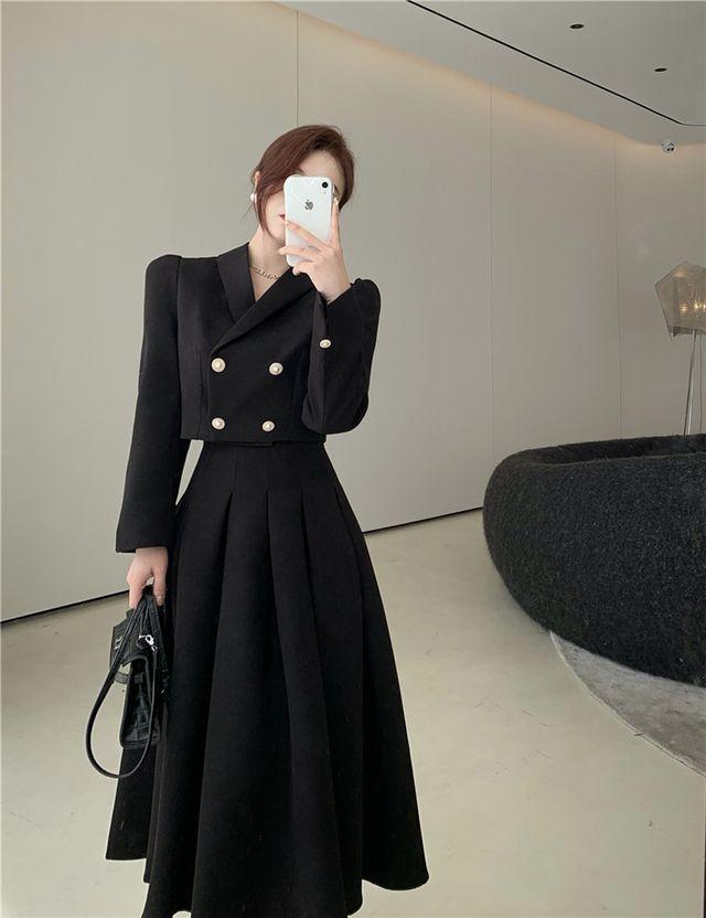 [당일출고] SET 블랙 숏 크롭 자켓 +롱 스커트 치마 결혼식/하객룩/데이트룩/여친룩