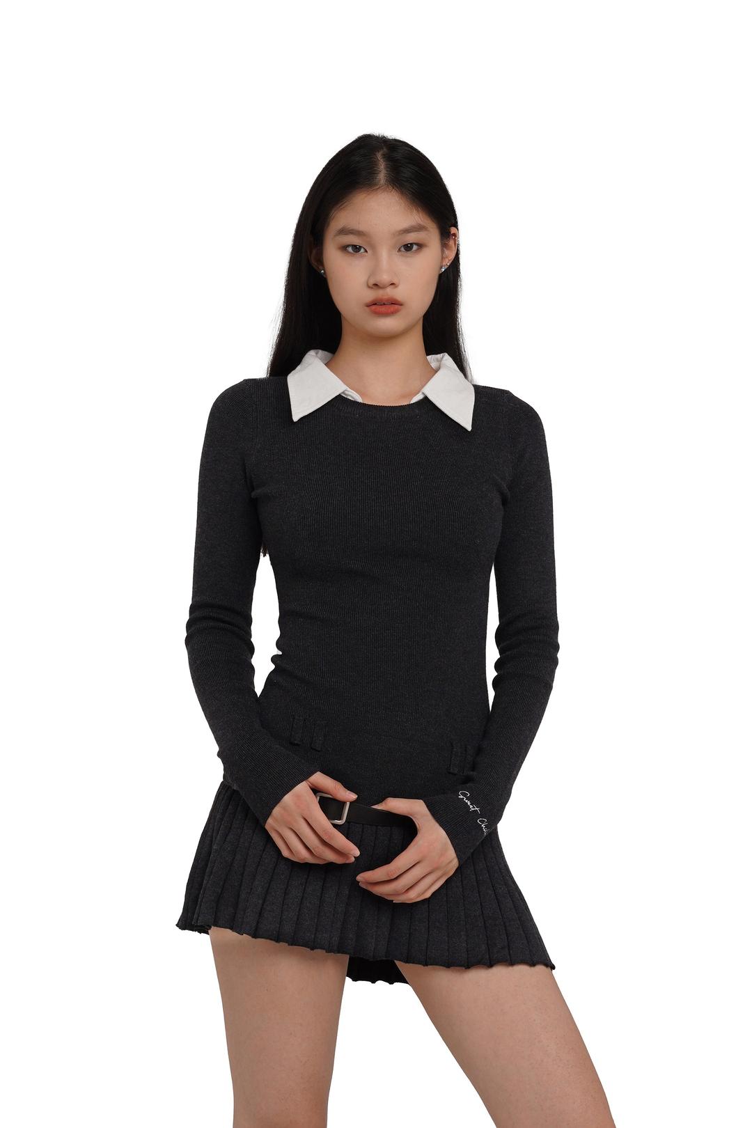 PLEATED DRESS WITH SHIRT COLLAR AND BELT - Dark Grey / XS