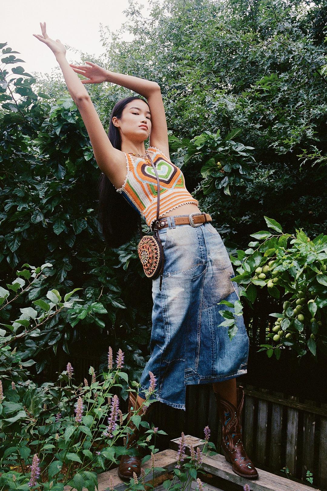 DENIM REWORK PRINTED SKIRT apa532w(DUSTY BLUE)