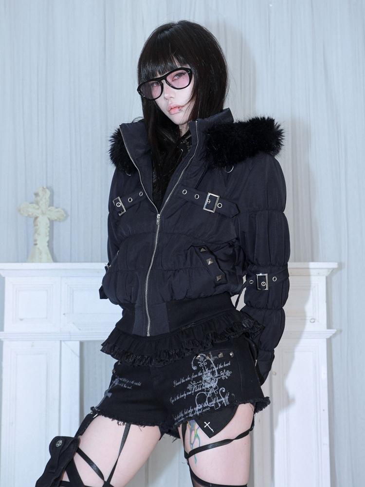 HBreaker Two-color fur hood lace-up punk cotton jacket