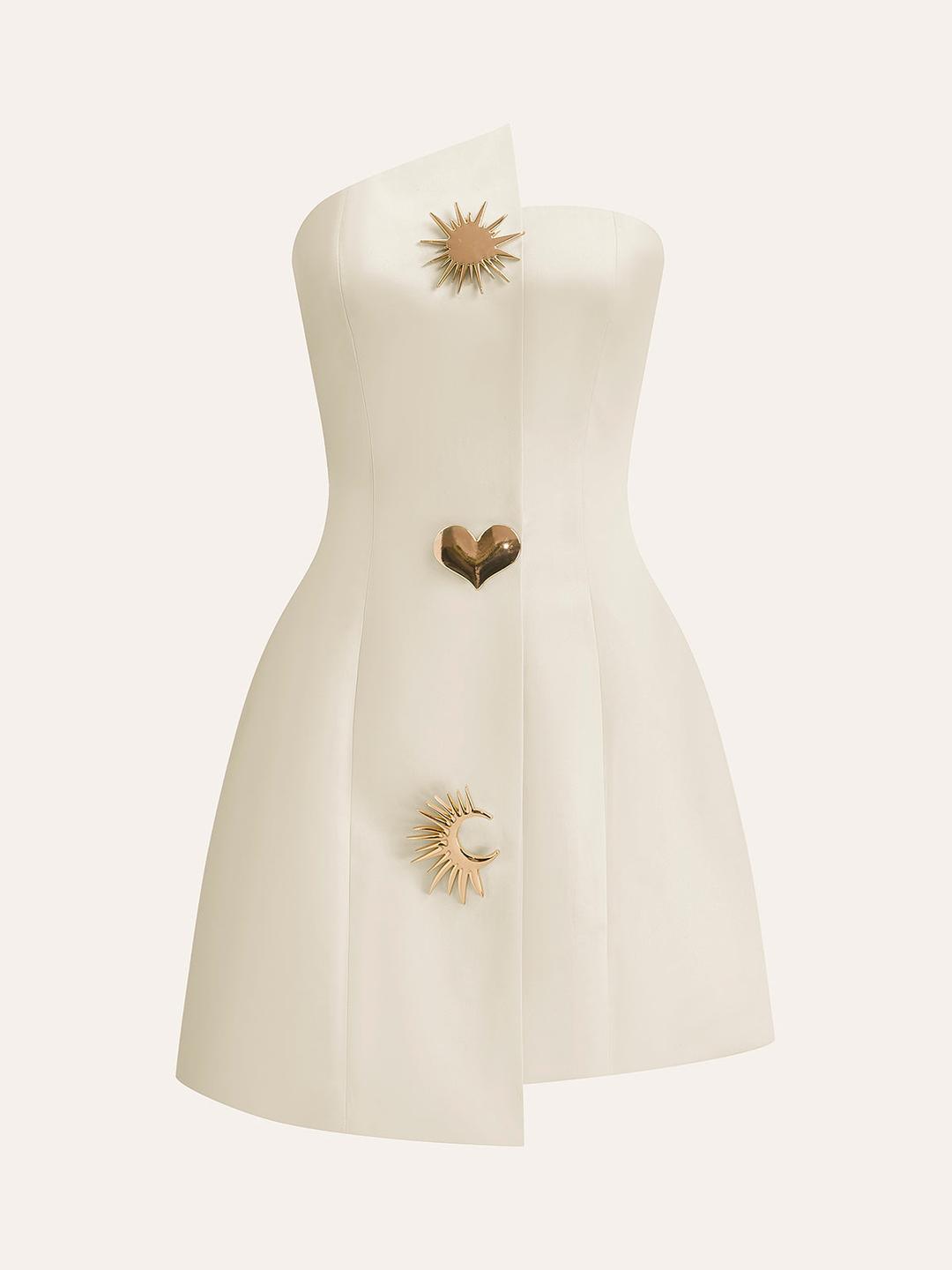 Satin Asymmetrical Buttoned Strapless Dress - Off-White / XS