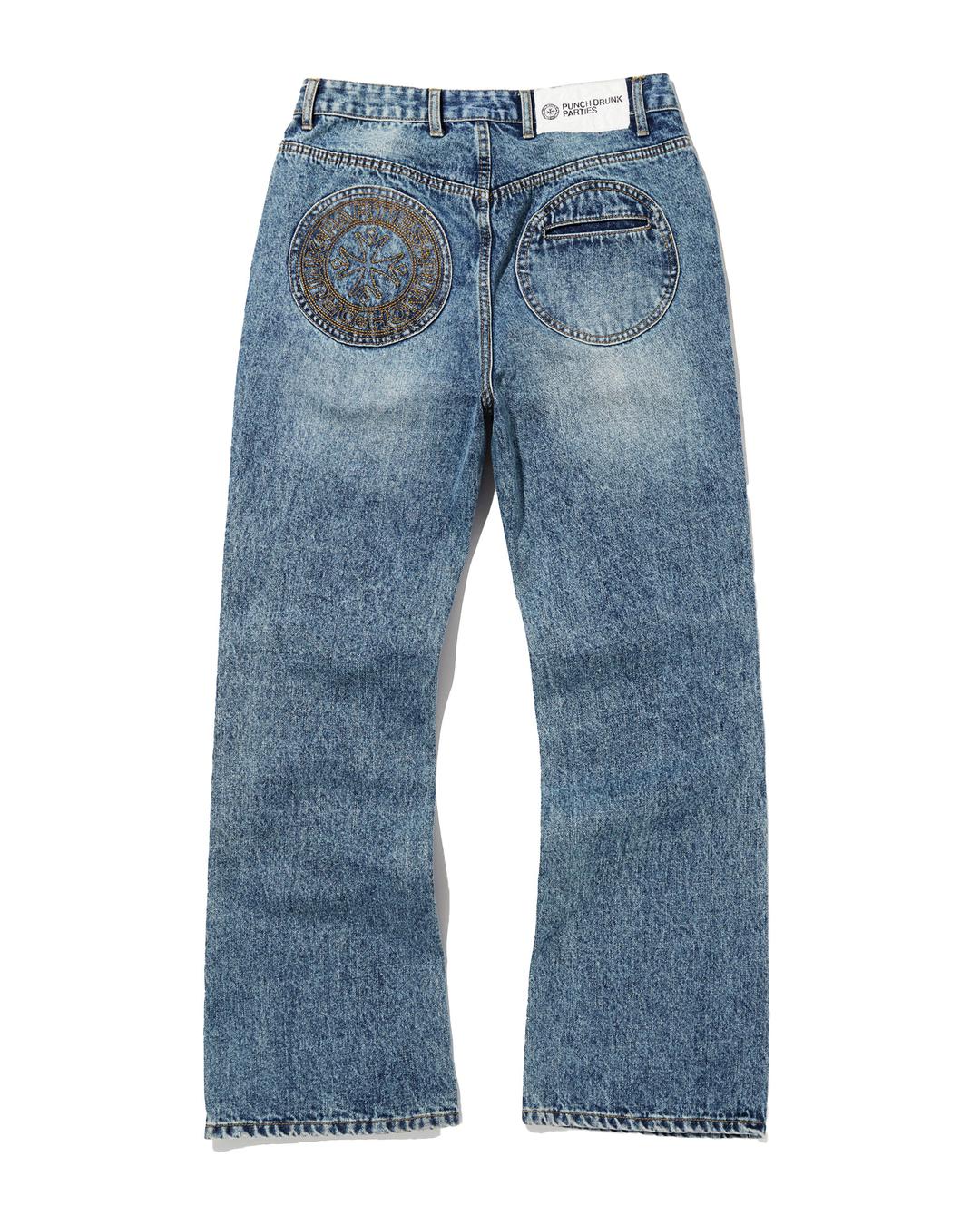 Patched Pocket Semi Flare Denim Pants (BLUE)