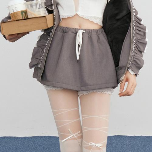 그레이 레이스 이너 프릴 기모 밴딩 미니 치마바지