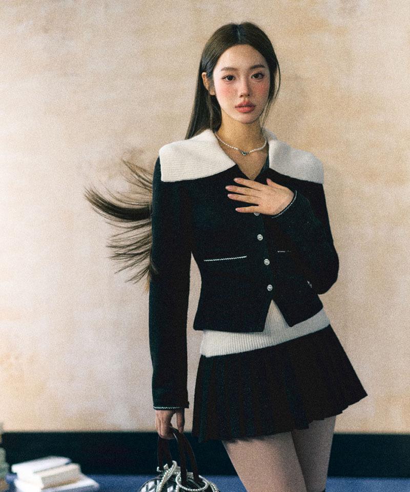 Ribbed Big Collar Cardigan Pleated Skirt Two Piece (Separately selected) - Quick Shipping