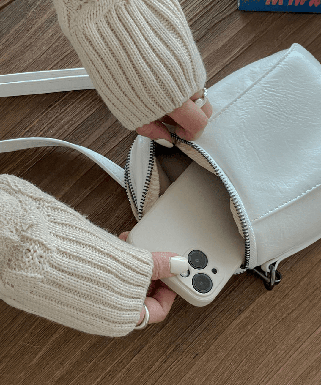 바이닐로 라운드 핸드폰 가방 심플 지퍼 미니 크로스백