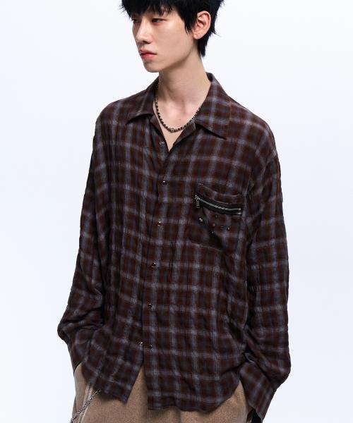 RIVET ZIPPER CHECK SHIRT - BROWN