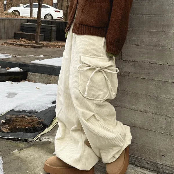 corduroy ribbon  cargo pants / 코듀로이 리본 와이드 카고 팬츠 유니크