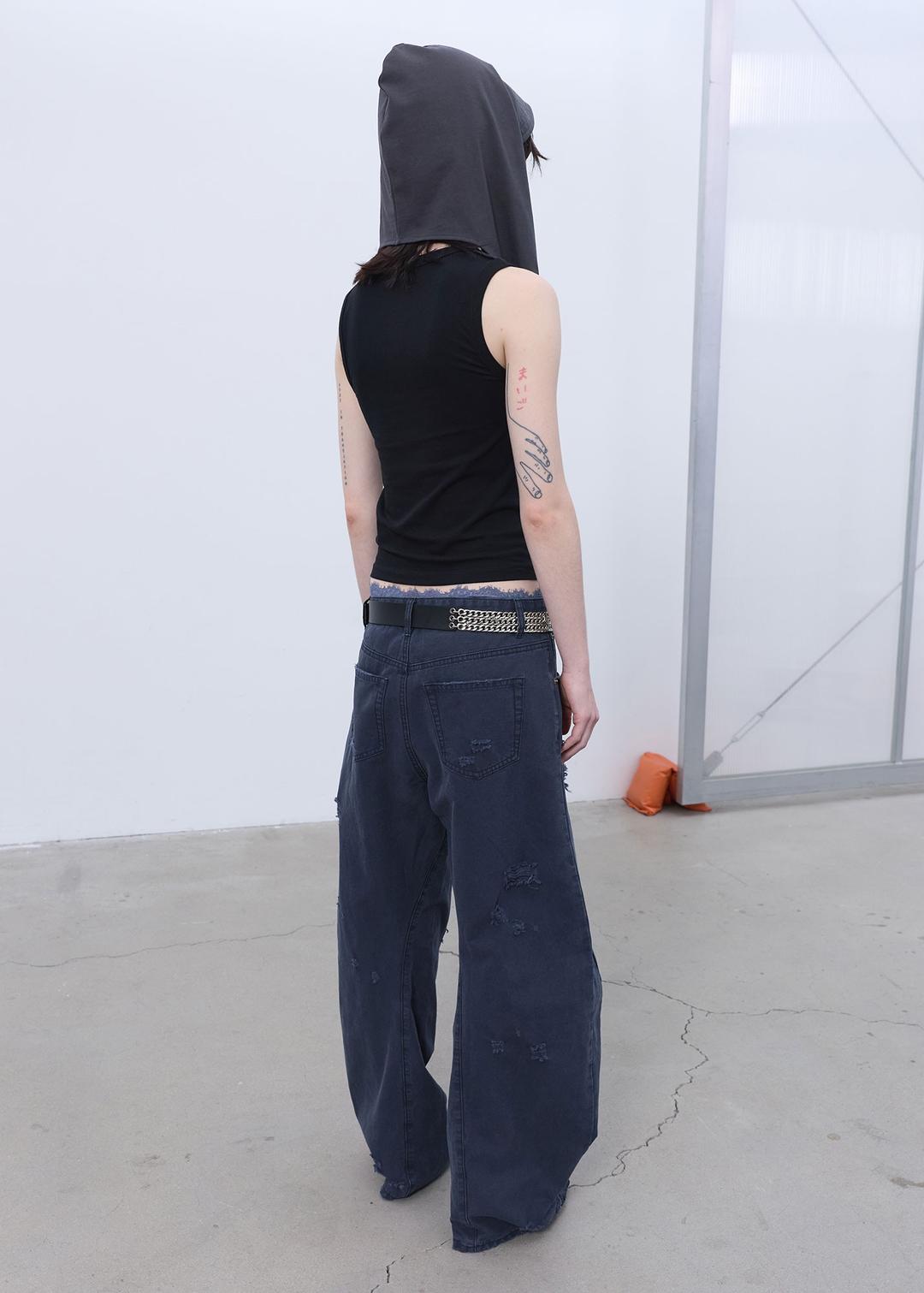 DISTRESSED CURVED PANTS (DARK NAVY)