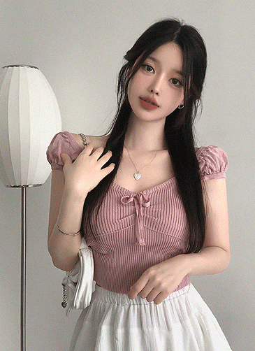 [발레코어룩🎀/러블리]젤라 오프숄더 퍼프 리본 골지 니트(아이/핑크/소라)