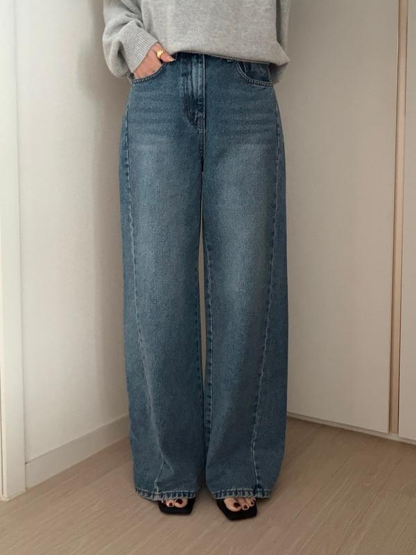 더보느 로우 절개 와이드 데님 팬츠