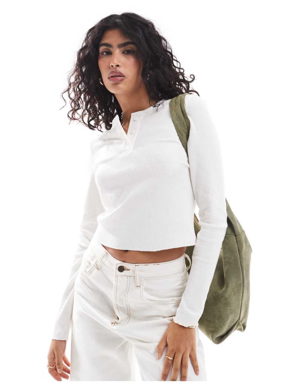 ASOS DESIGN 크림색 와플 긴팔 헨리 티셔츠