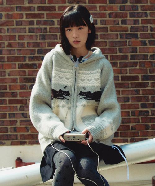 CAT JACQUARD HOOD ZIP UP KNIT GREY