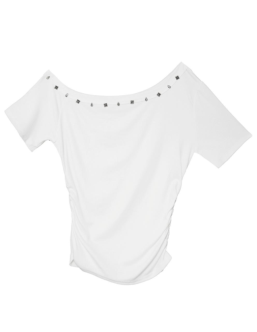 시크윈 OH STUDDED UNBAL OFF-SHOULDER SHORT SLEEVE TEE 오 스터드 언발 오프숄더 반팔티  (2COLORS)