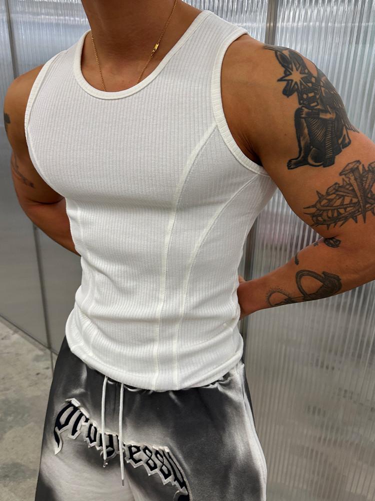 더블 웨이브 컷팅 머슬 골지 나시 3COLOR 민소매 헬스 짐웨어 도프룸