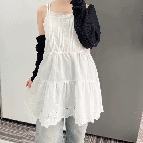 [입고지연/미니] 심플 핀턱 레이스 레이어드 미니 원피스