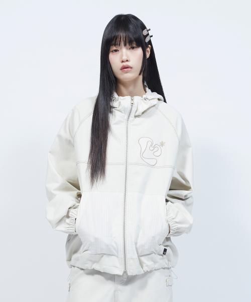 아플리케 플로럴 로고 체크 배색 후드 자켓 LIGHT BEIGE