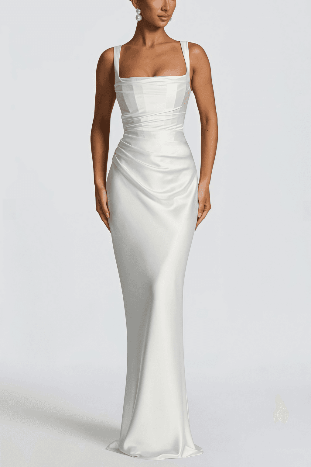 Inmaculada White Ruched Satin Maxi Dress (Without Gloves)