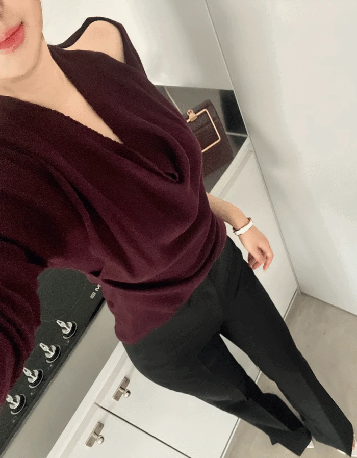 (데일리) 보르도 홀터 드레이프 긴팔 니트티 (3col)