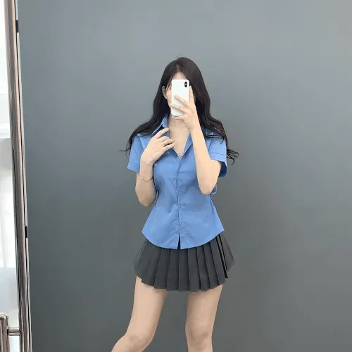[허리쏙셔츠ღ!!] 데이린 사이드 스냅 단추 반팔 카라 셔츠 3color