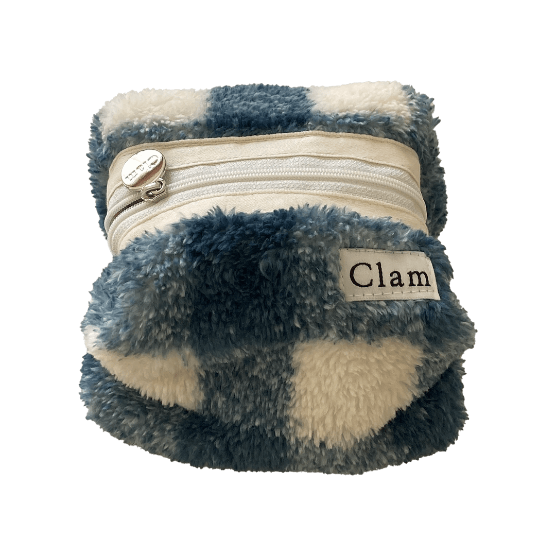 Clam round pouch _ Green check Soft fur