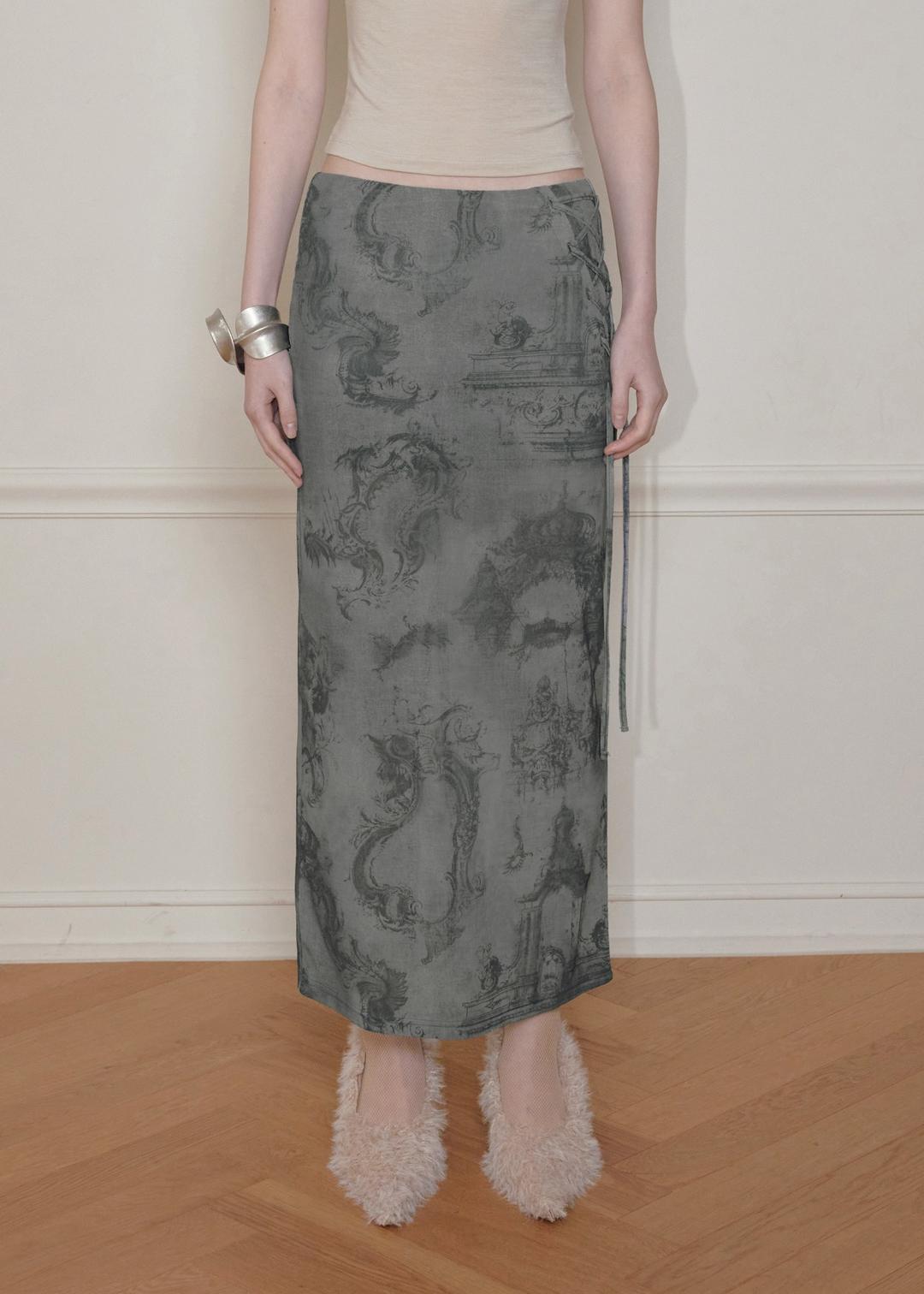 LACE-UP LONG SKIRT, CHARCOAL
