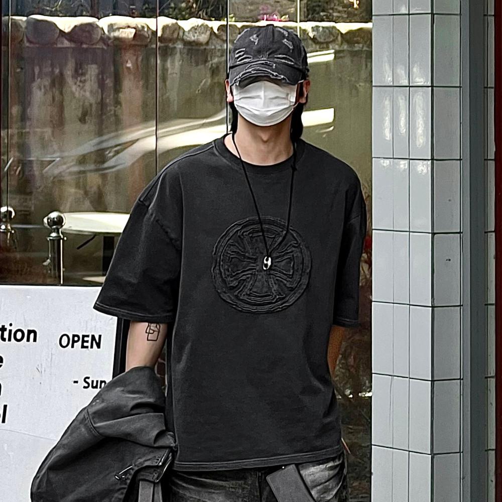 피그먼트 CROSS 반팔 티셔츠 3C 남자 여자 빈티지 스트릿 십자가 오버핏 박시 차콜