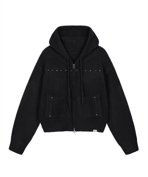 Studded Knit Hood Zip Up - Black