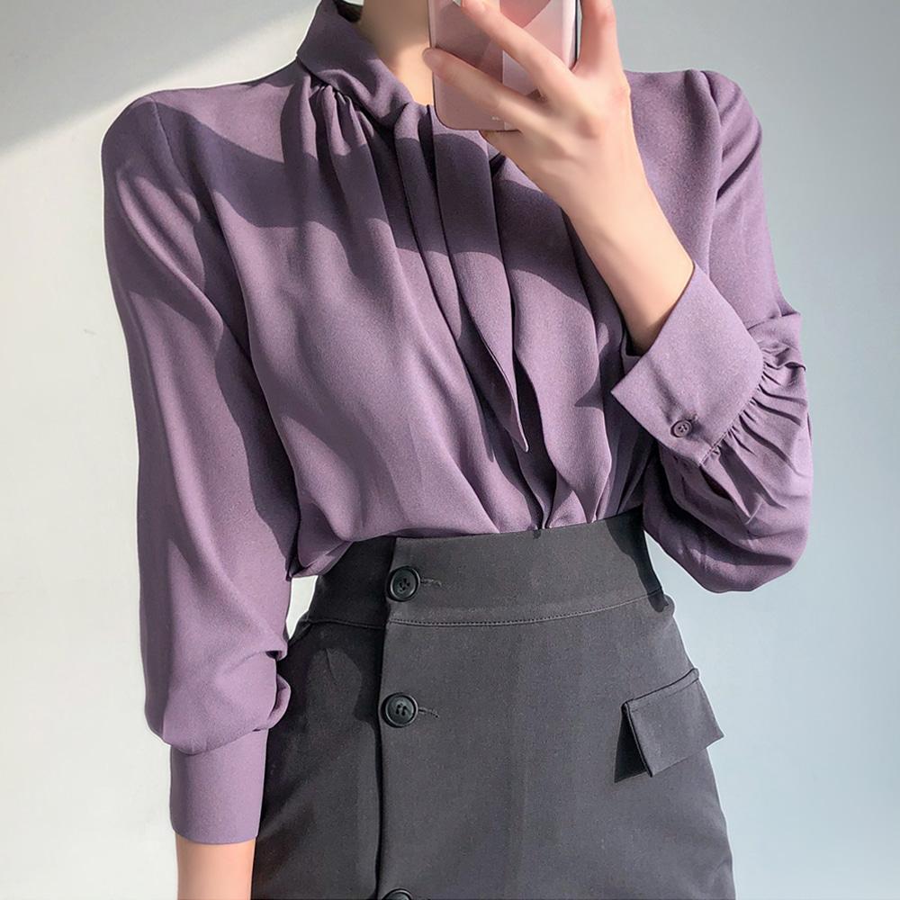 드로잉온유 [하객룩/숏타이]플리 쉬폰 타이 블라우스 (네이비/베이지/아이보리/퍼플)