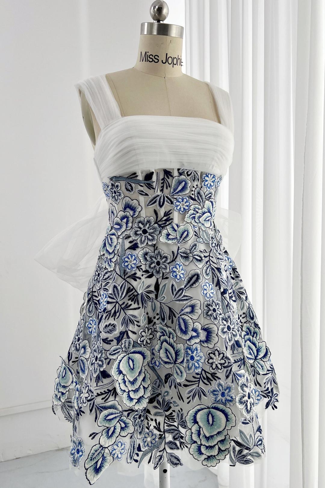 Blue and White Embroidery Floral Corset Mini Dress with Removable Straps
