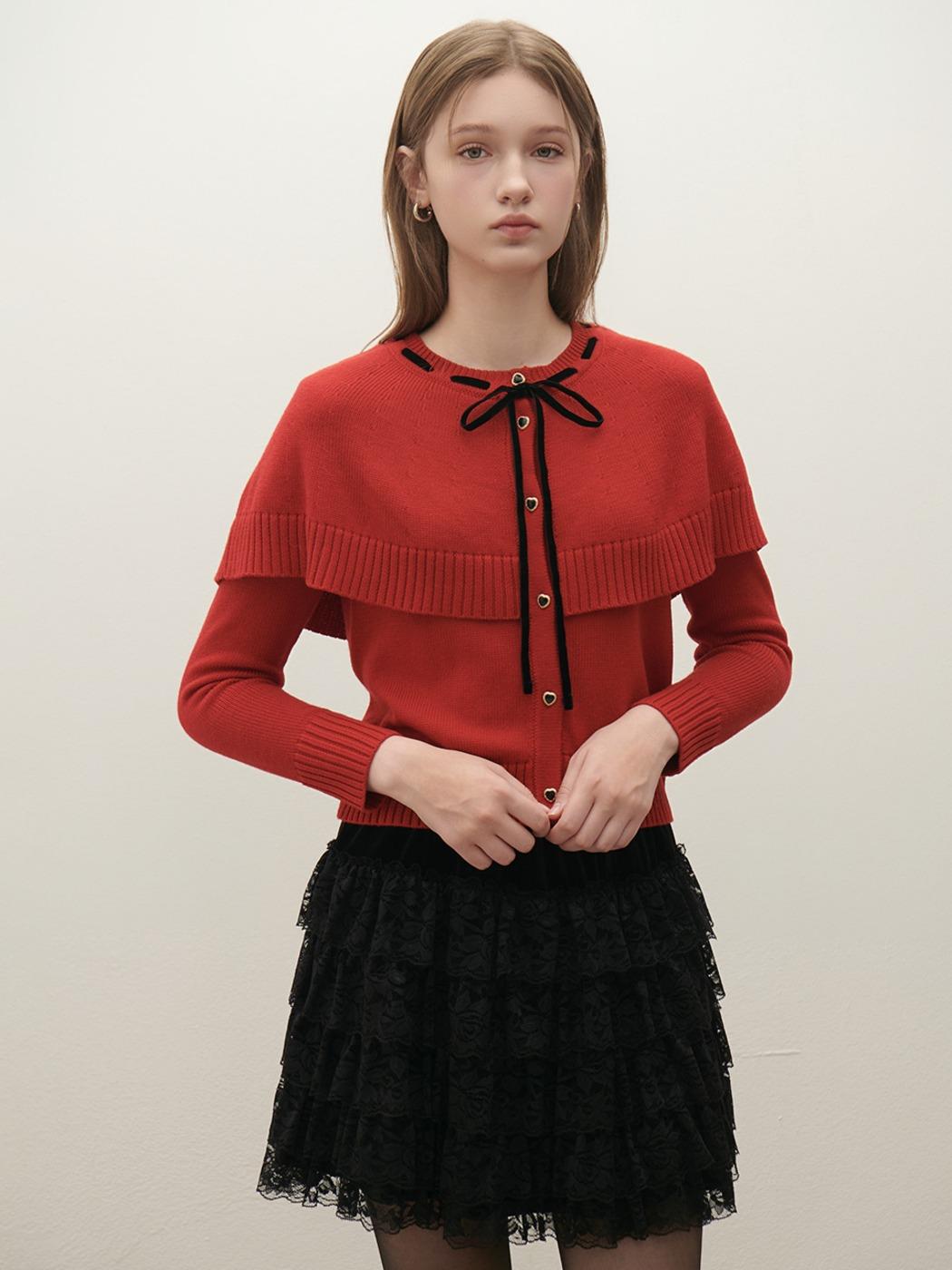 배색 리본 케이프 니트 가디건 O254T915