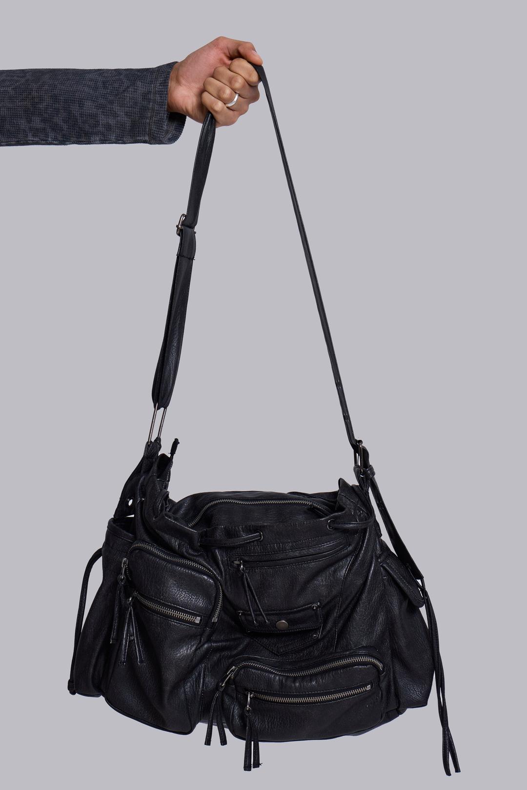 Faux Leather Utility Satchel - ONE SIZE / Black