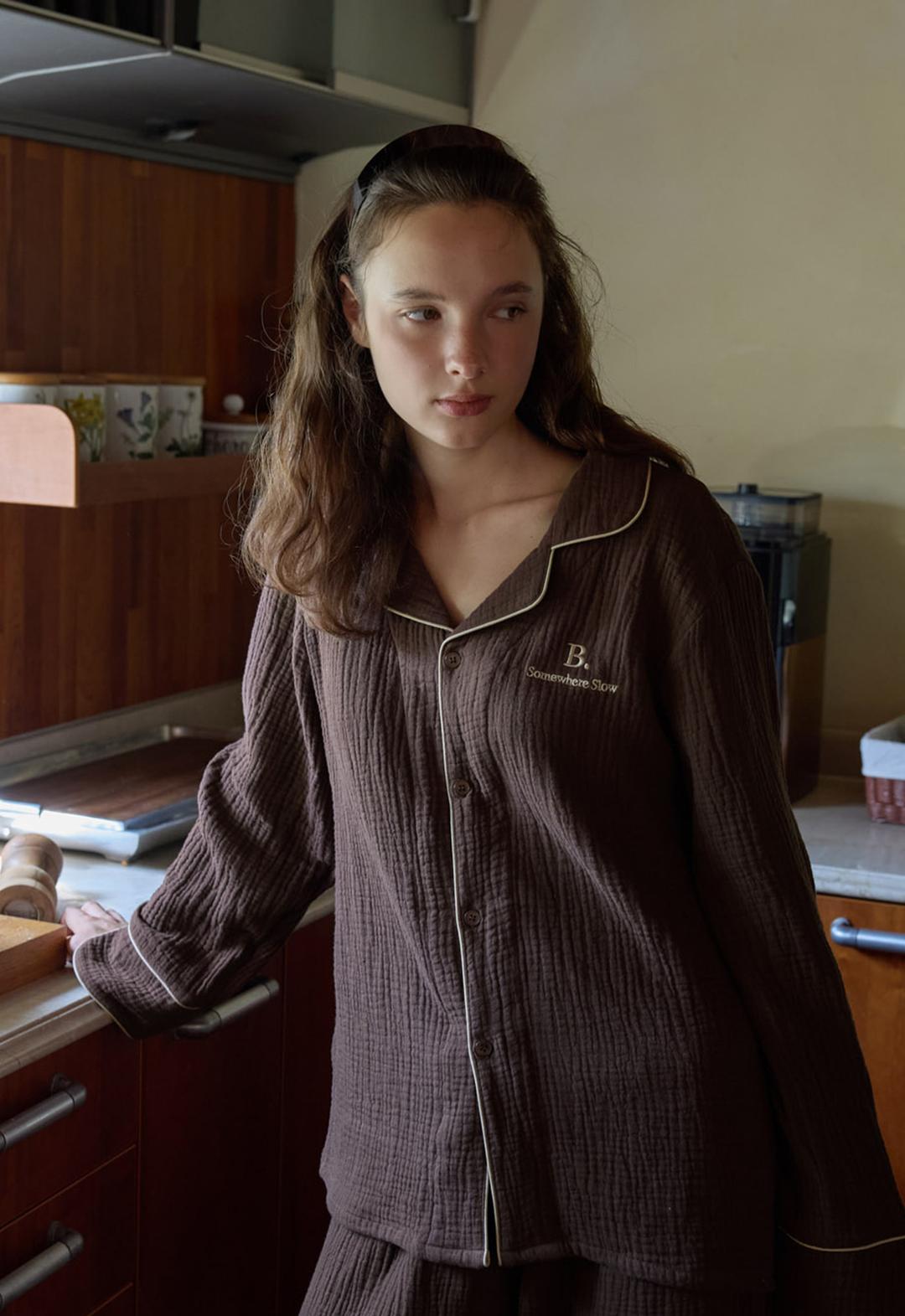 Slow Cotton Piping Pajamas Set (mocha)