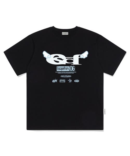 엔젤 ESCF 로고 콜라주 프린트 오버핏 반팔티 블랙