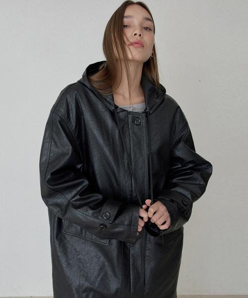 미아 후디드 레더 코트 - 블랙