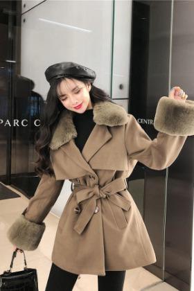 무료배송♥페이크 퍼 카라 커프스 더블 버튼 숏 리본 울 코트 자켓 (베이지,블랙)