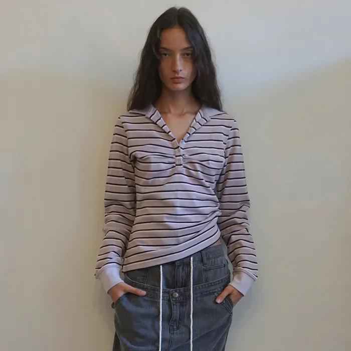 Shirring Tennis Shirt Lavender Stripe
