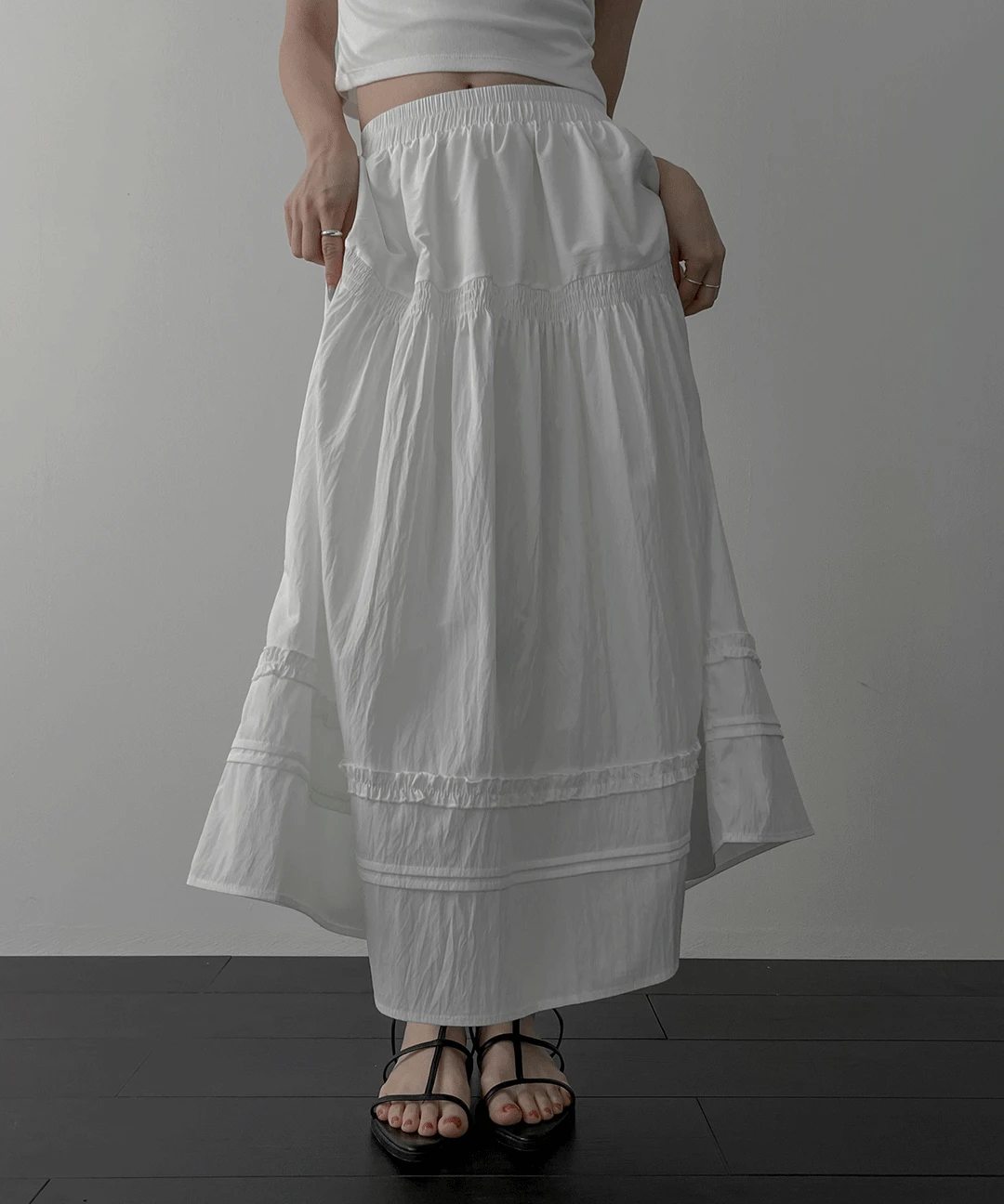 셔링 레이스 밴딩 맥시 스커트