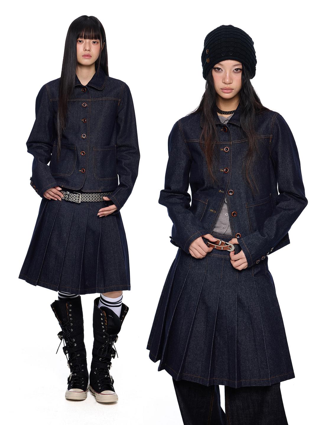 EZEK Vintage Denim Jacket & Pleated Skirt Set